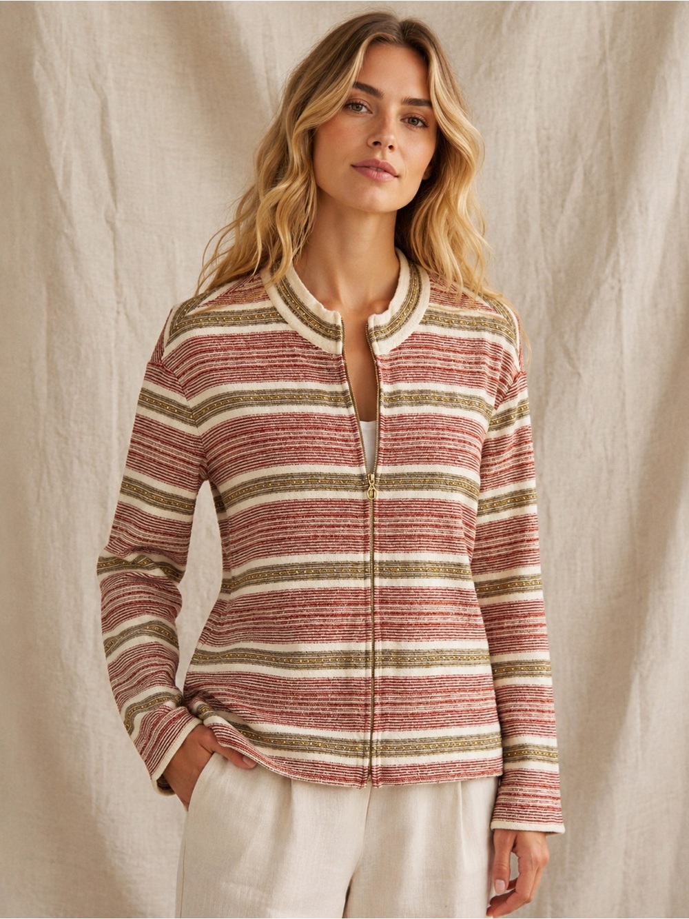 St. John Sport Wool Blend Zip Jacket Quiet Luxury Striped Knit Metallic Trim M